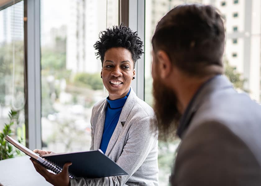 Woman and man talking