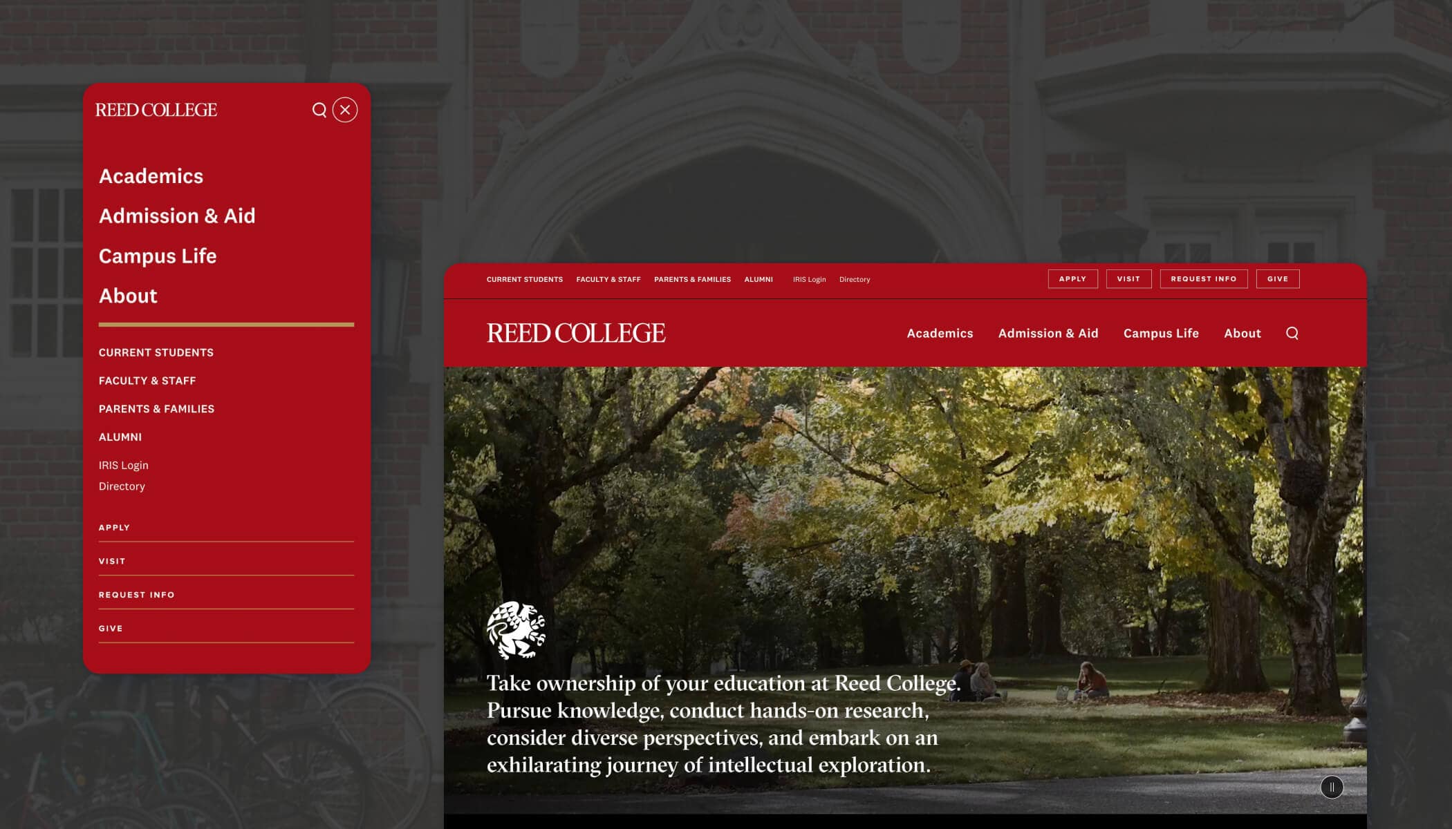 Reed College website homepage showing a campus scene with trees and sunlight, and main navigation menu.