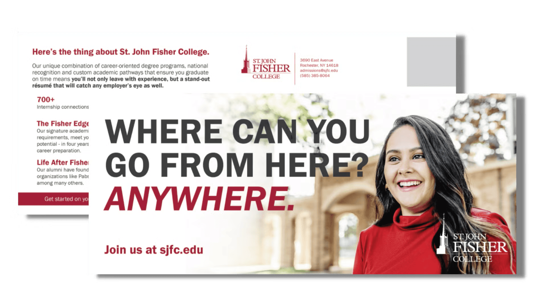 A smiling woman in a red top stands outside; text reads, “WHERE CAN YOU GO FROM HERE? ANYWHERE.”.