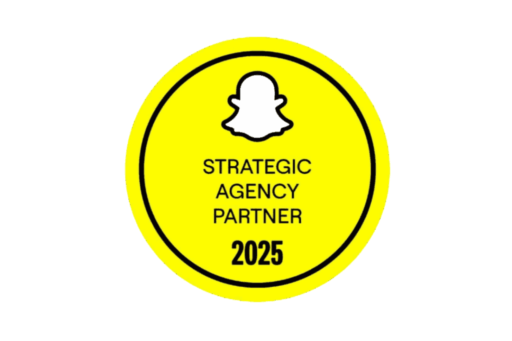 Yellow badge with Snapchat ghost logo and "Strategic Agency Partner 2025" in black, ideal for a higher education digital marketing agency.