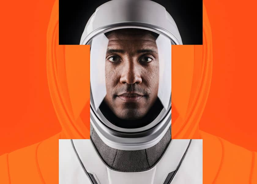 A man in a white space suit helmet with an orange background and geometric overlay.