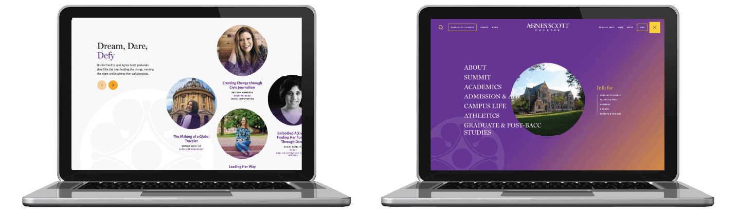 Two laptops display different college website homepages with photos, text, and vibrant accent colors.