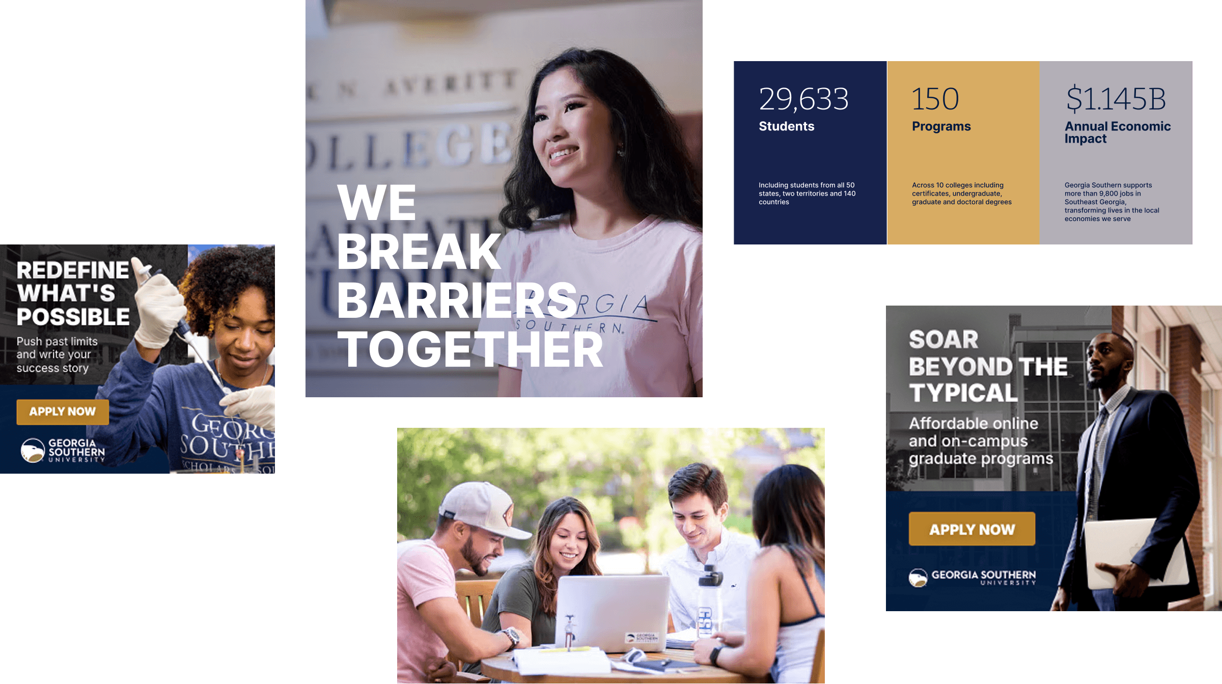 College promotional collage with students, statistics, and "We Break Barriers Together" text in bold white letters.