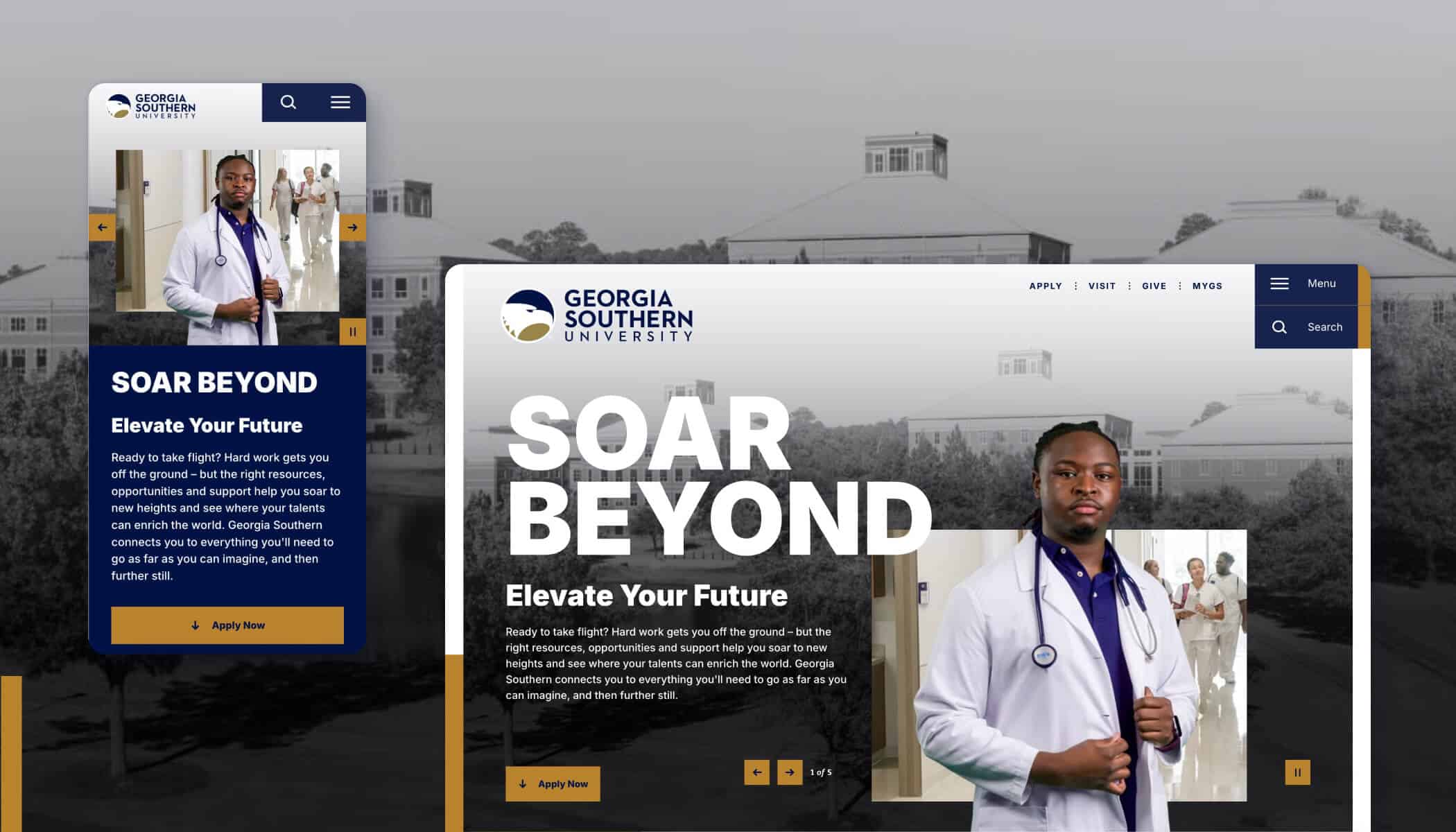 A Georgia Southern University webpage shows a doctor with a stethoscope and text that reads "SOAR BEYOND.