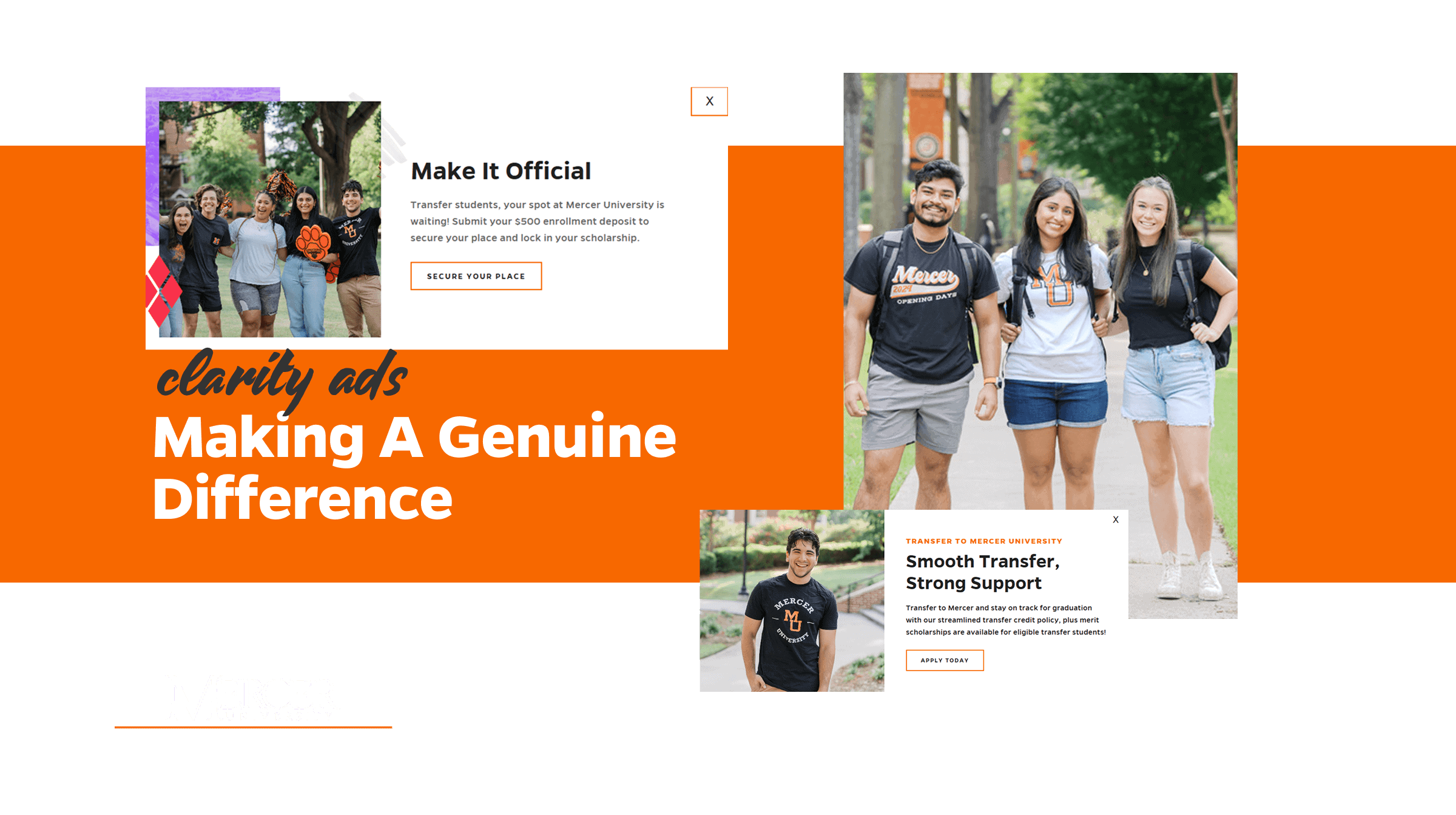 Students smiling on campus with text promoting Mercer University transfer admissions and support services.