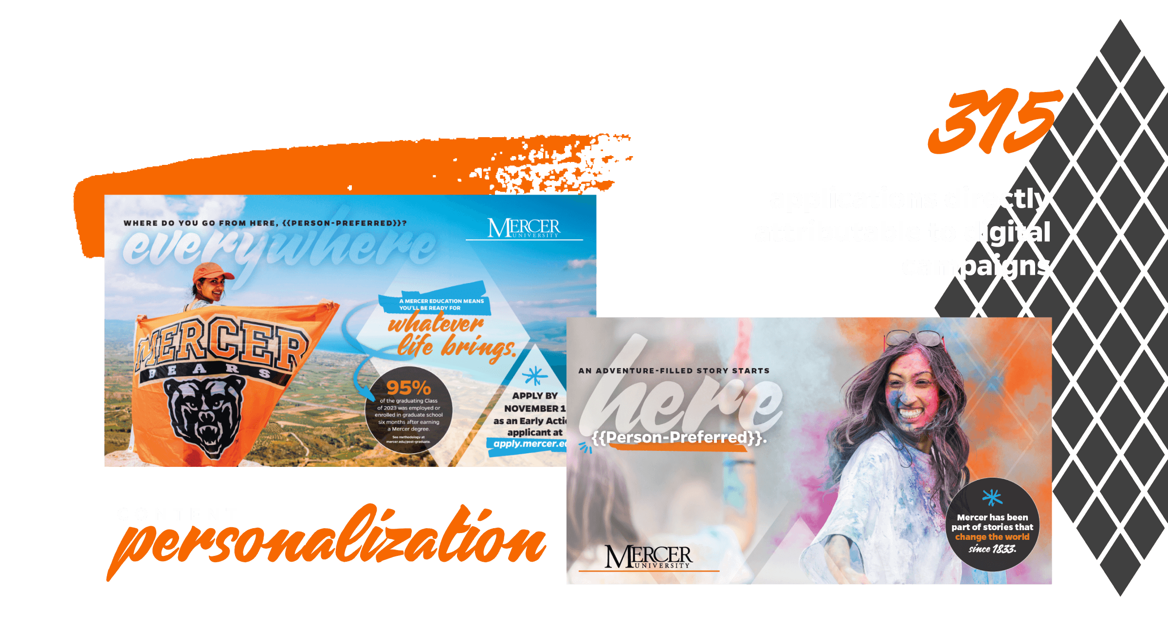 Two Mercer University ads feature students and text on content personalization and digital campaign results.