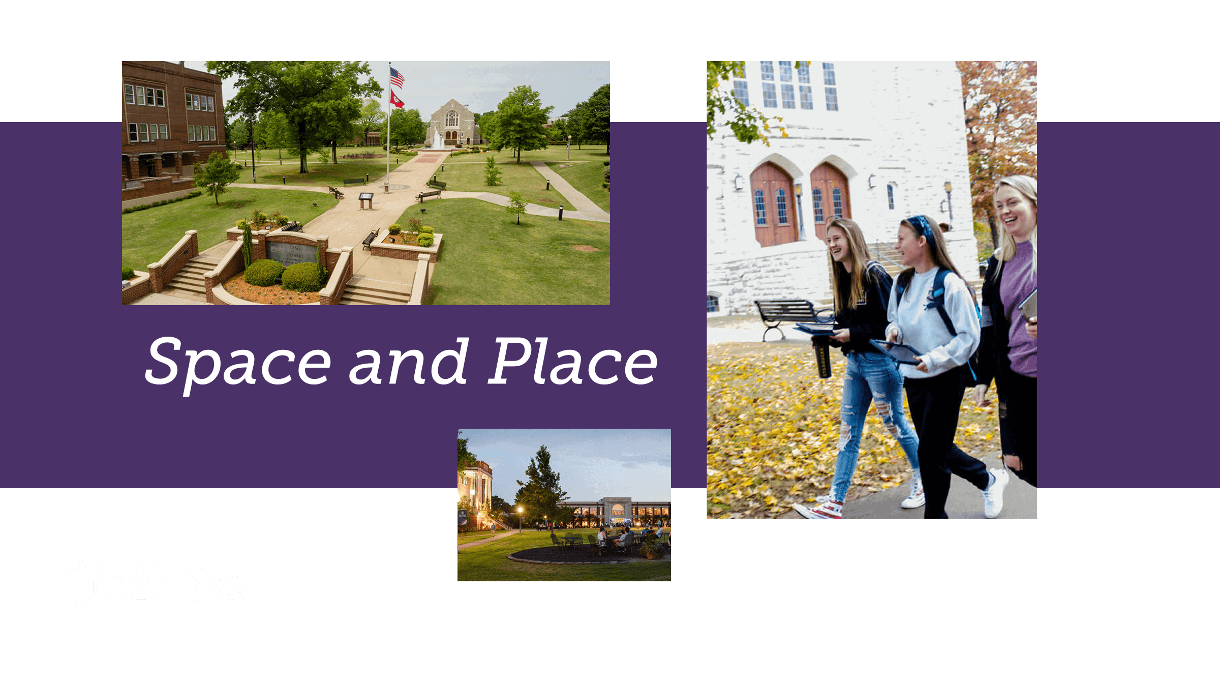 Campus walkways, historic buildings, and students walking together, with “Space and Place” text in center.