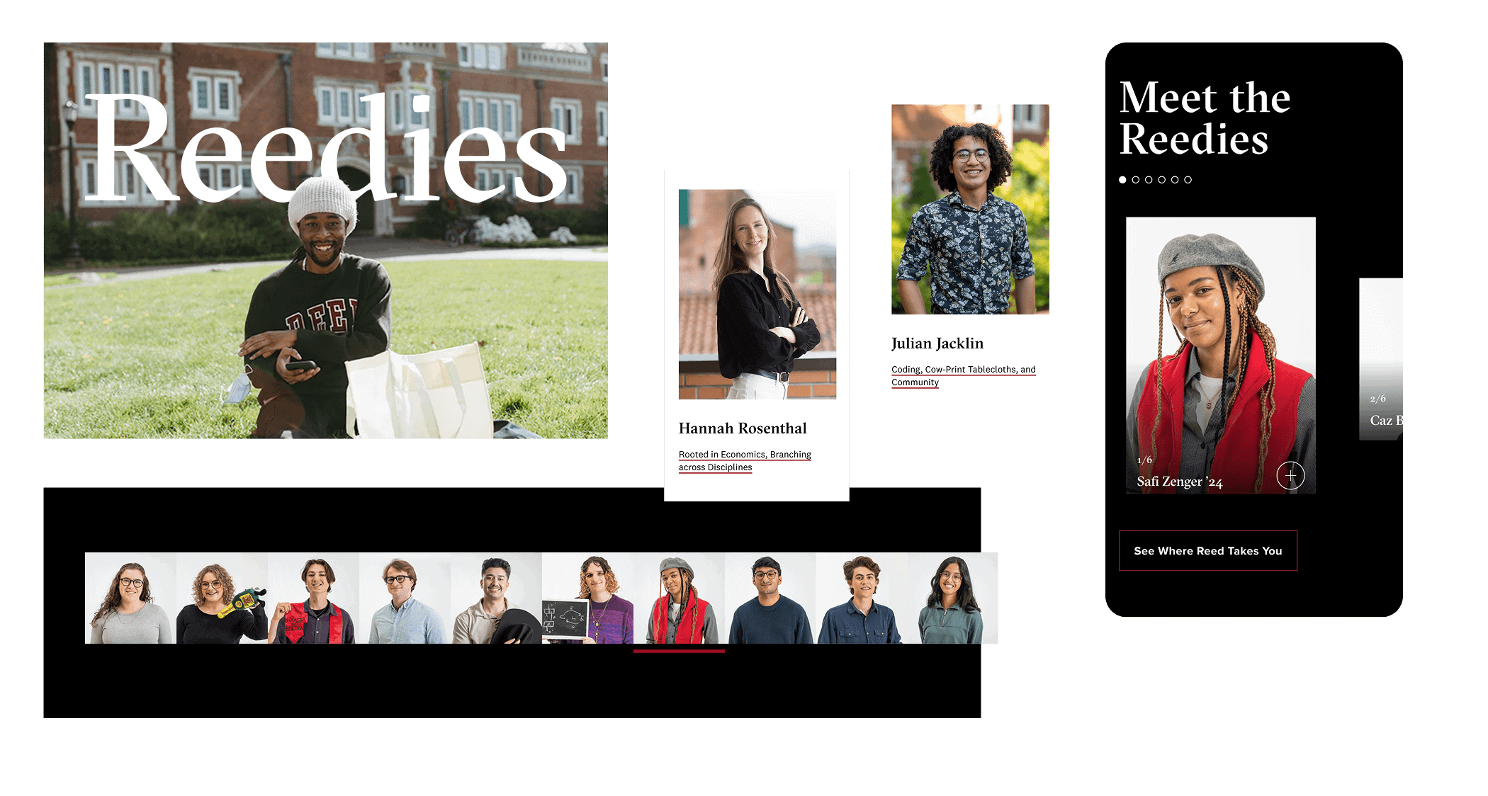 A collage of diverse Reed College students smiling, with text saying "Meet the Reedies" and student profiles.