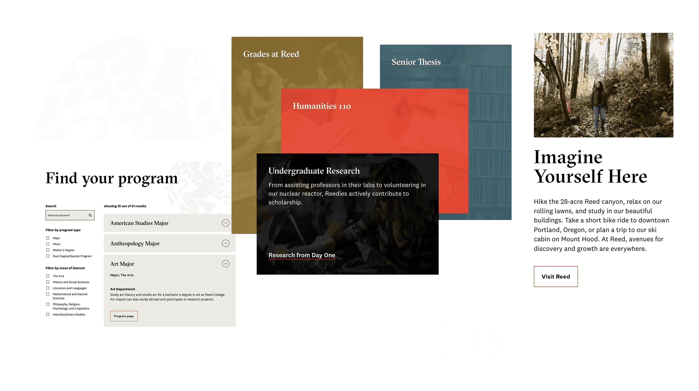 Overlapping cards show college programs, courses, research, and a student exploring campus outdoors.