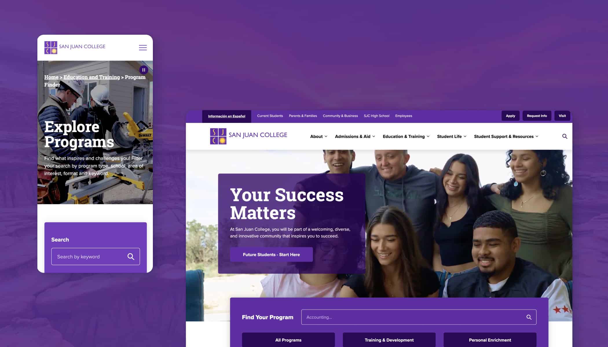 San Juan College website homepage shown on desktop and mobile, with purple-themed menus and images of students.