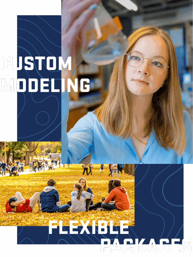 A woman examines a beaker in a lab; students sit on grass outdoors. Text: "Custom Modeling, Flexible Packages.