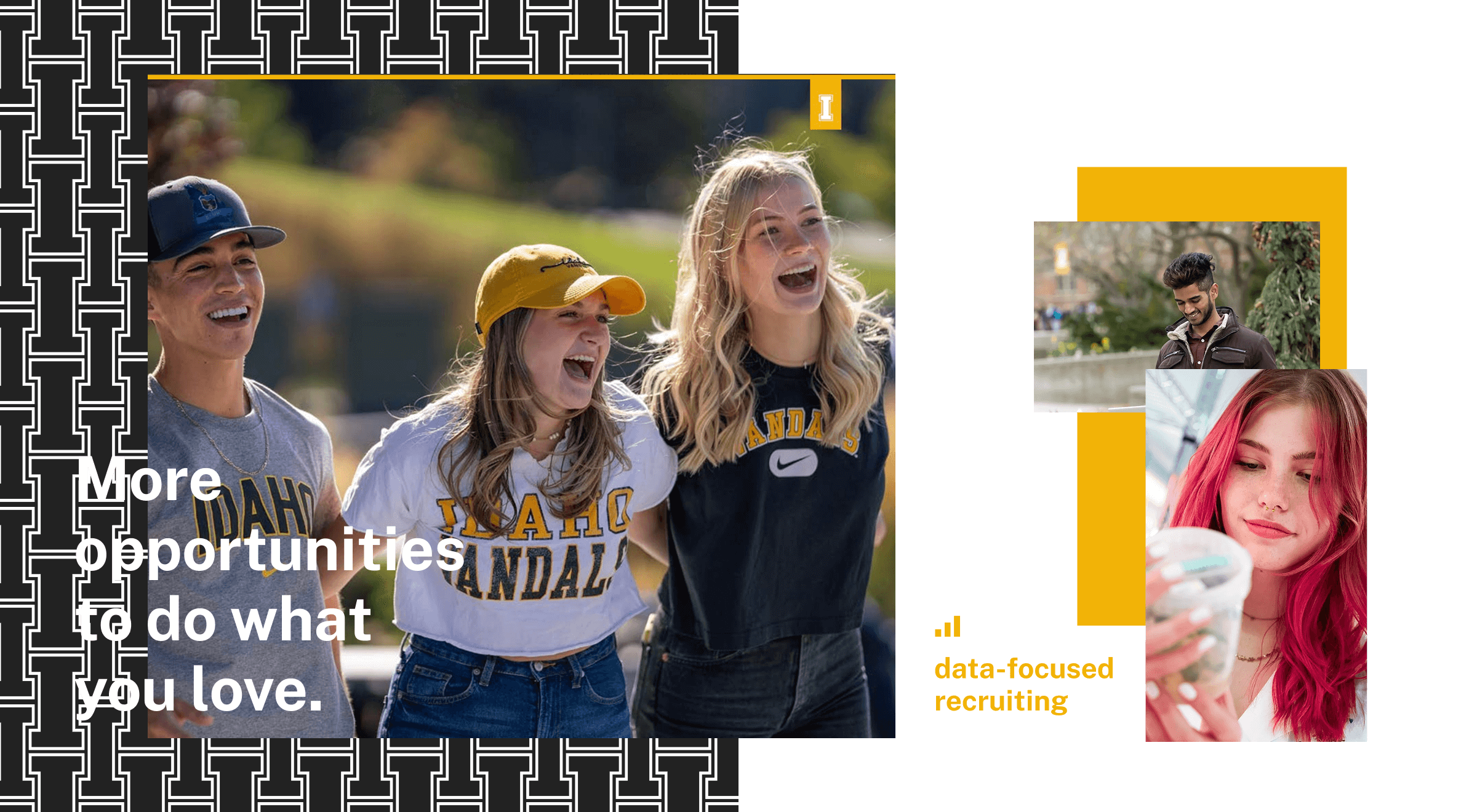 Three smiling students in University of Idaho shirts stand outdoors. Two smaller photos of individuals are on the right.