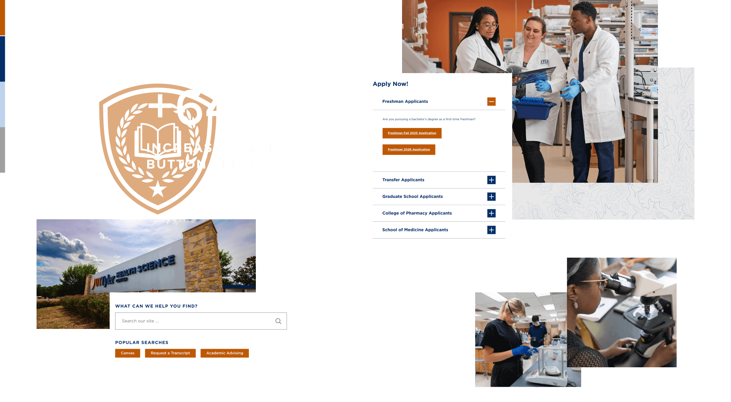 College application website screenshots, medical students in lab coats, search bar, and campus sign collage.