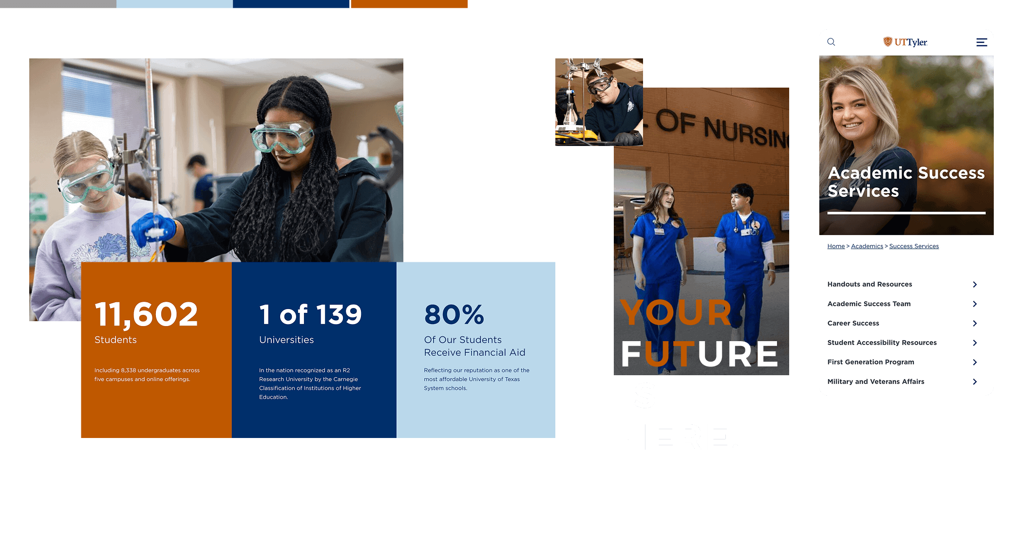 Collage of students in labs, nursing, and website stats; UT Tyler Academic Success Services menu on right.