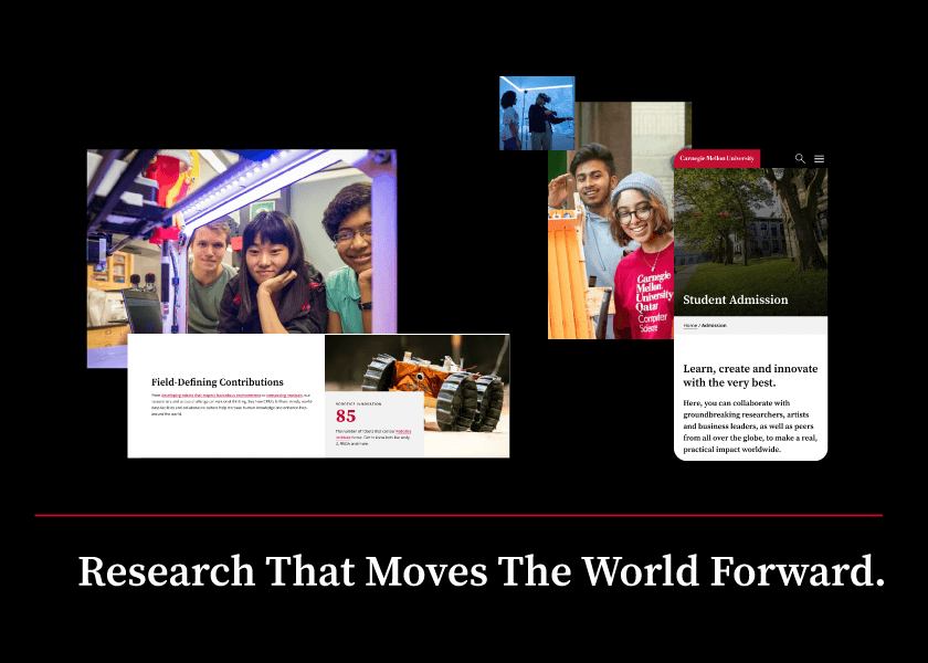 Students collaborating in classrooms and labs with text: "Research That Moves The World Forward.