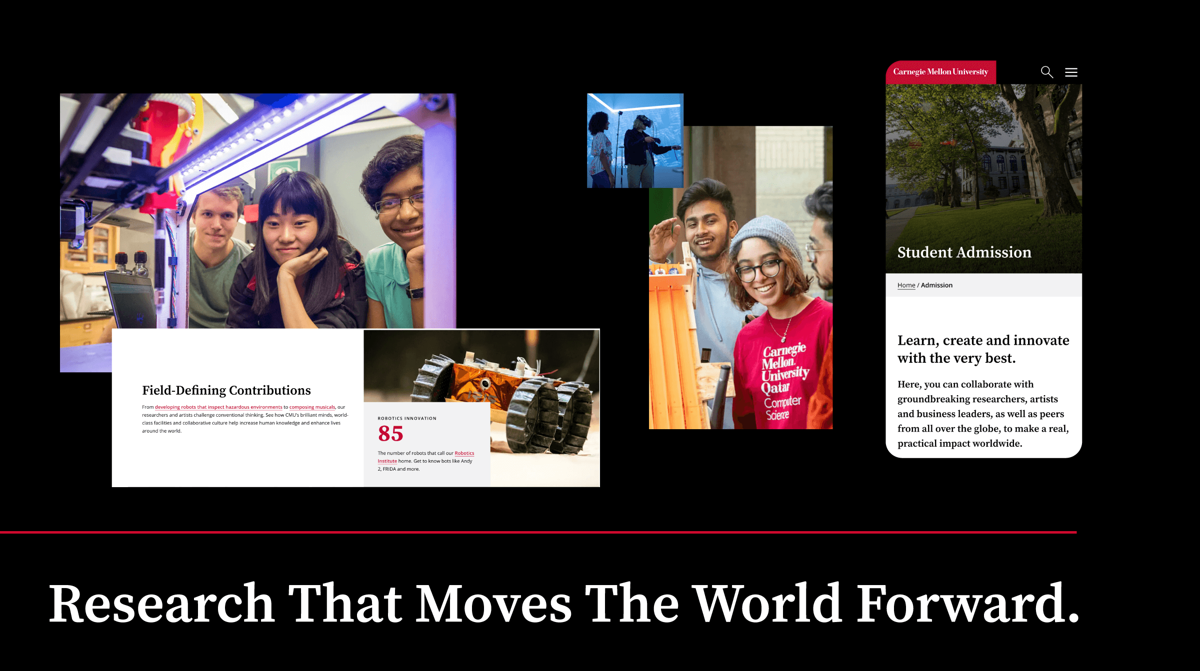 Students engaged in research and learning, with the text: "Research That Moves The World Forward.