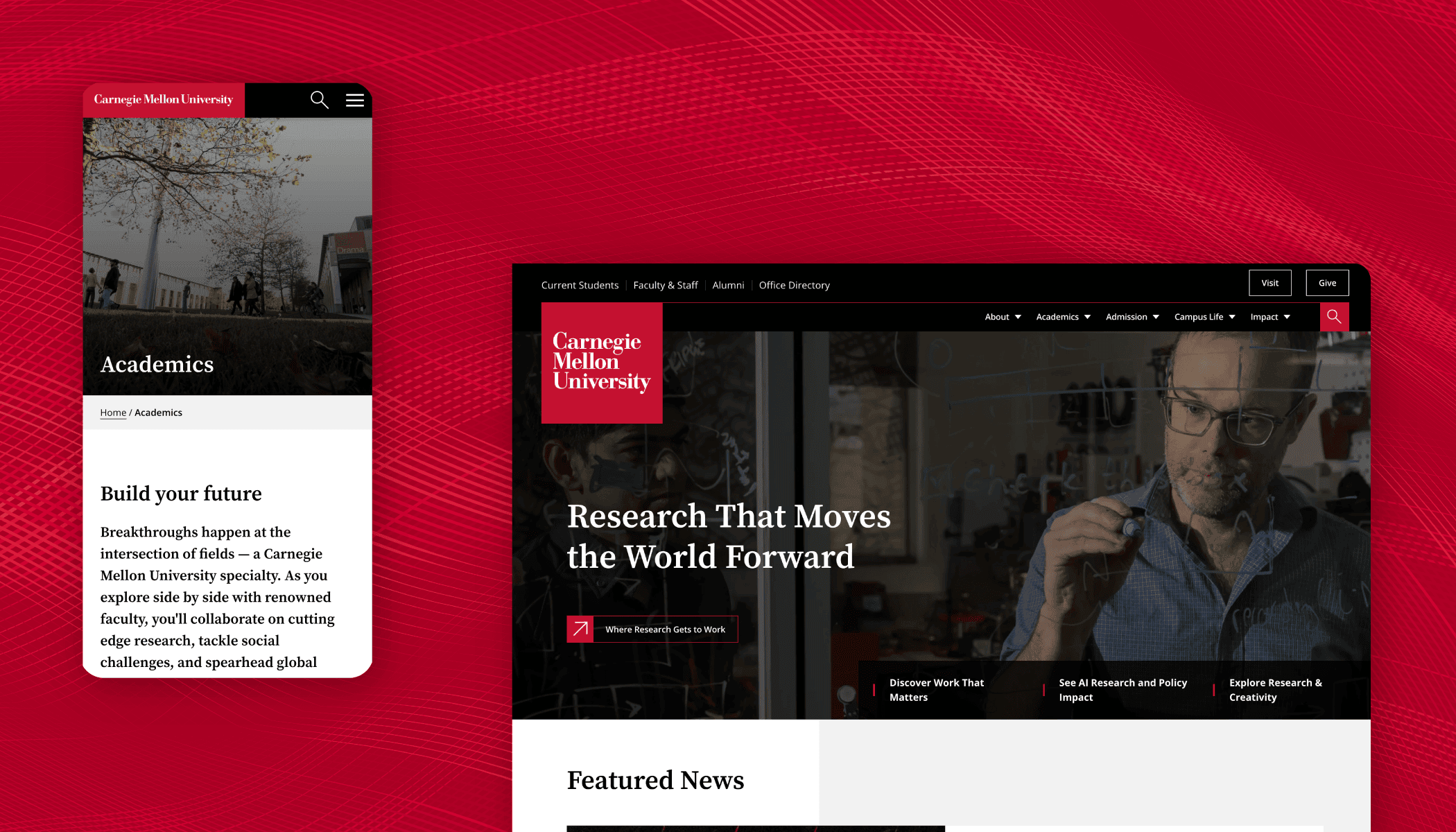 Carnegie Mellon University website shown on a mobile phone and desktop, featuring academics and research sections.
