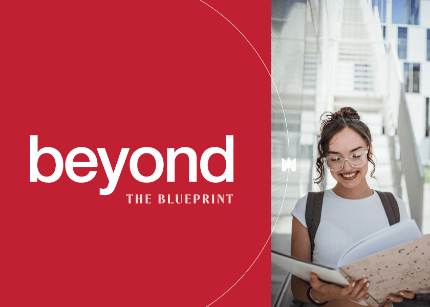 Split image: "beyond the blueprint" text on red beside a smiling woman reading a large book outdoors.