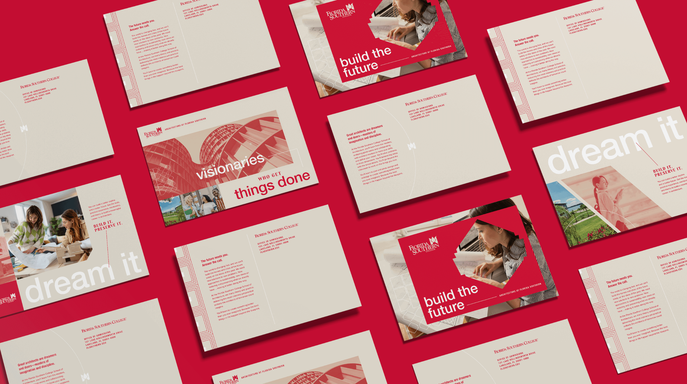 Flat-lay of open booklets with red and white designs, featuring the phrases "dream it" and "build the future".