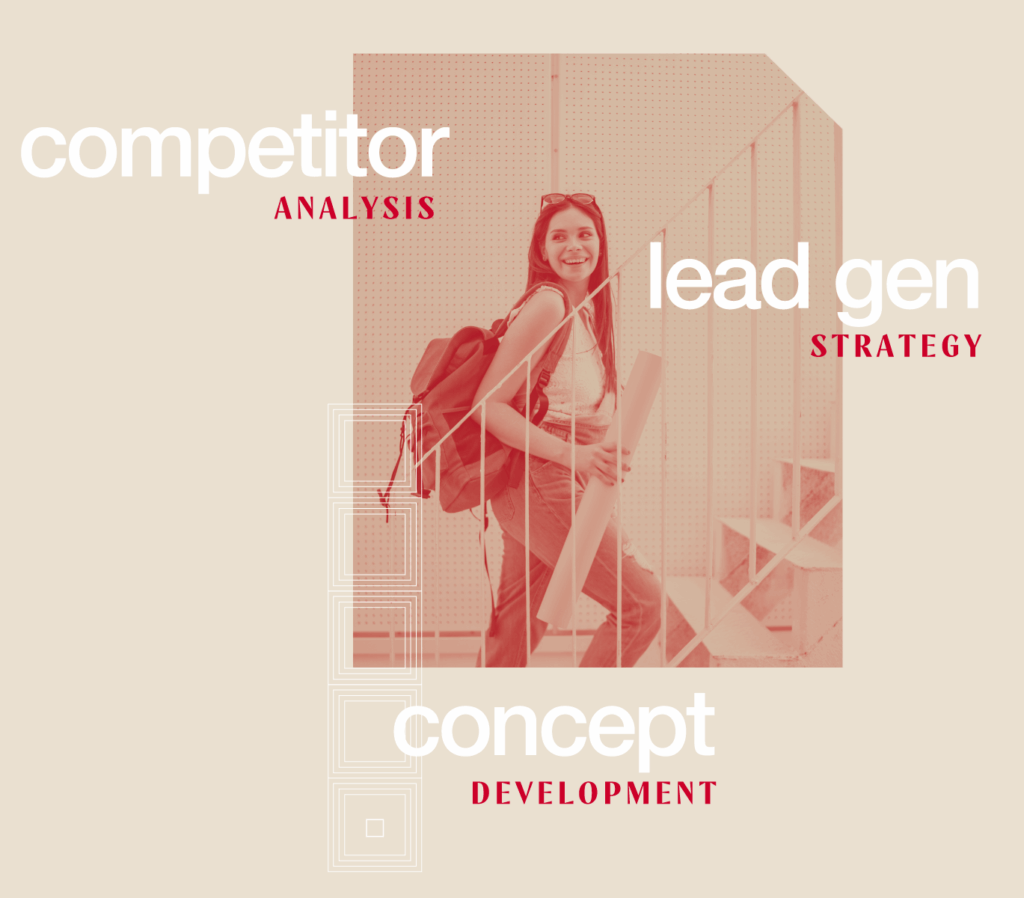 Smiling woman with backpack holding rolled paper, surrounded by words: competitor, lead gen, concept.