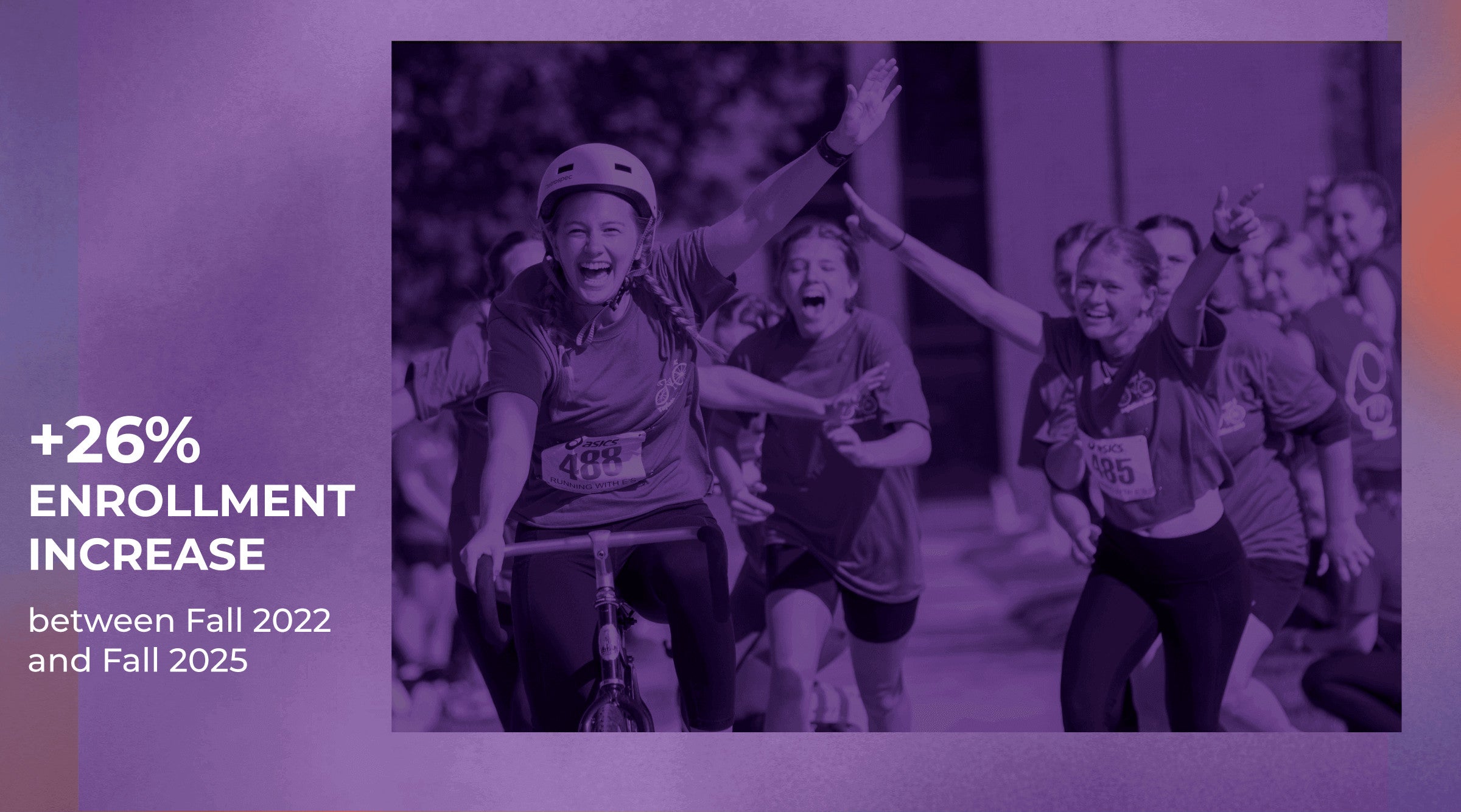 Group of excited people in race shirts celebrating, with text about a 26% enrollment increase from 2022 to 2025.