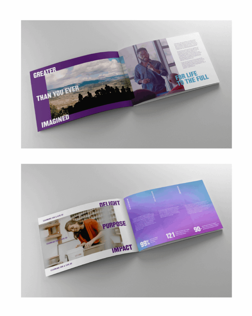 Two open brochures with photos, purple accents, and bold motivational text on white pages.