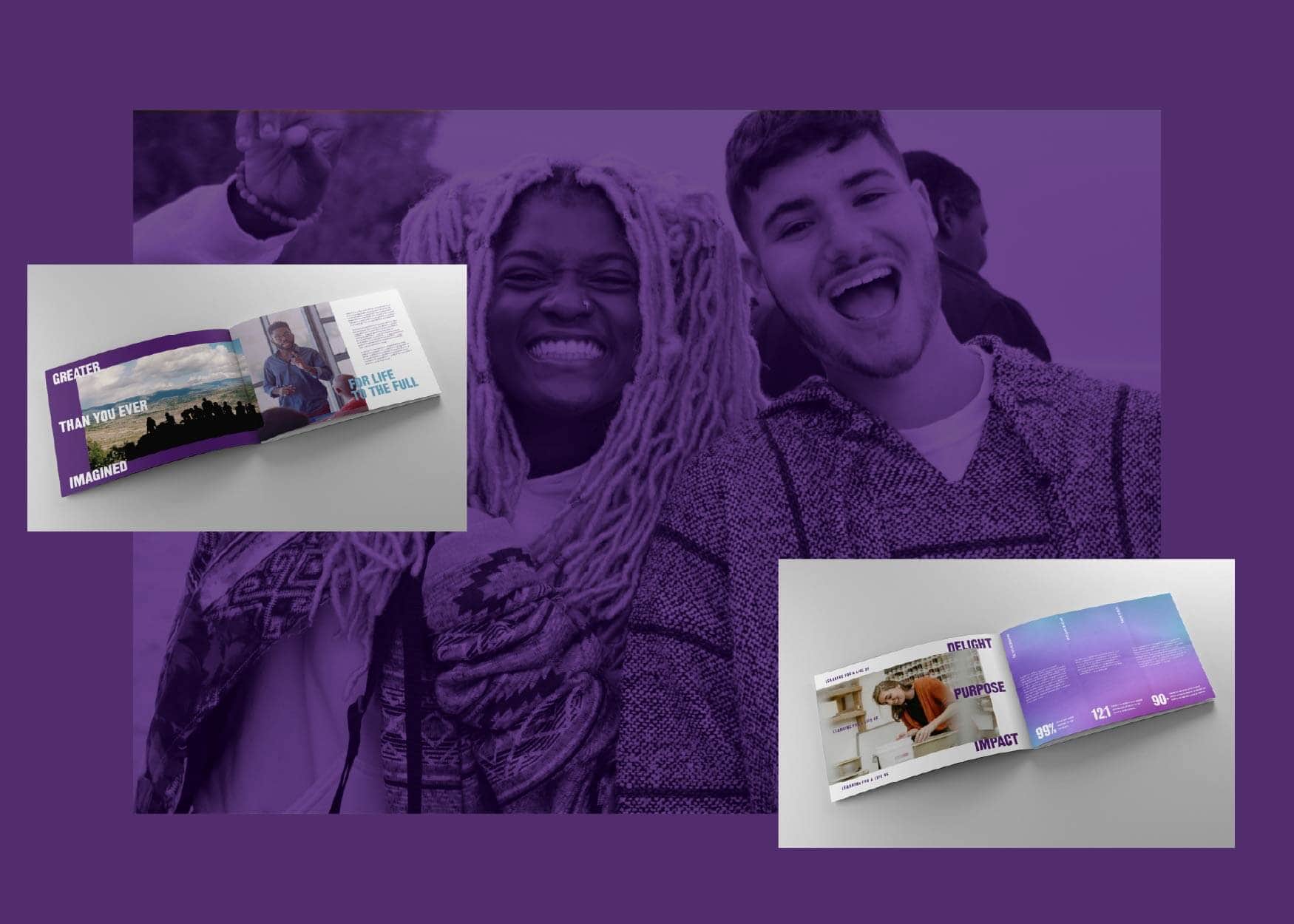 Two people smiling with two open booklets shown in the foreground on a purple-tinted background.