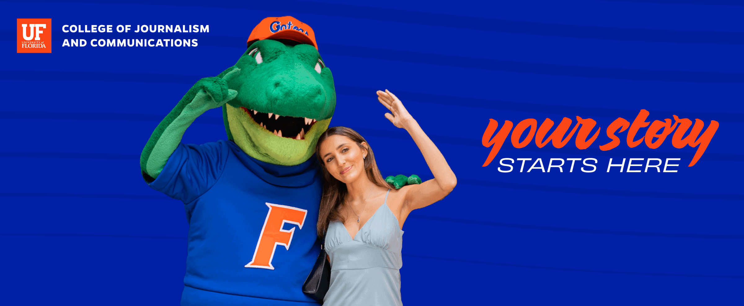 Mascot and young woman pose together, smiling, with “Your story starts here” text on a blue background.