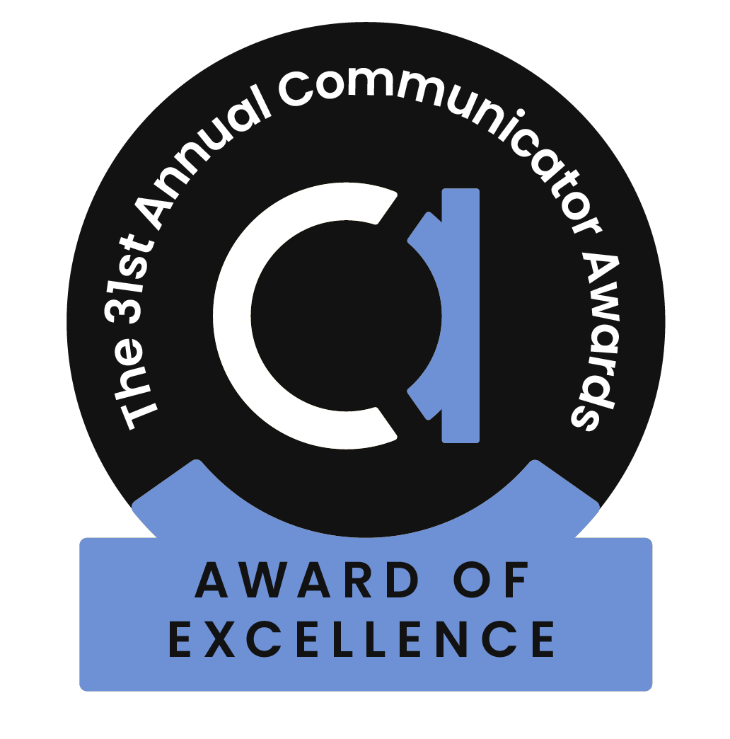 Black and blue badge reading "The 31st Annual Communicator Awards: Award of Excellence.