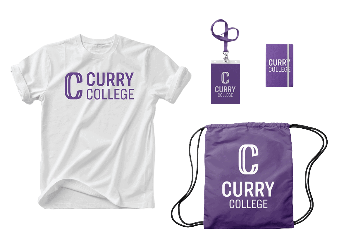 Curry College merchandise: white T-shirt, purple lanyard, notebook, and drawstring bag with college logo.