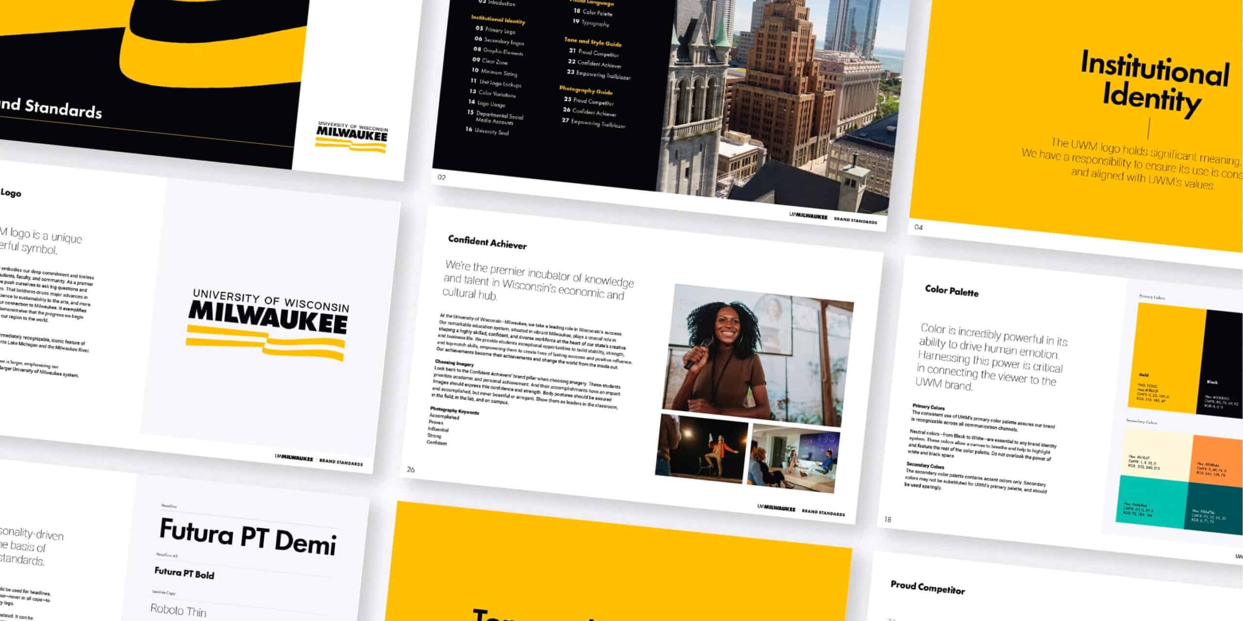 A collage of University of Wisconsin-Milwaukee brand guidelines and identity pages in yellow, black, and white.