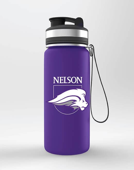 A purple water bottle with a black lid and a lion logo above the word "Nelson" in white.