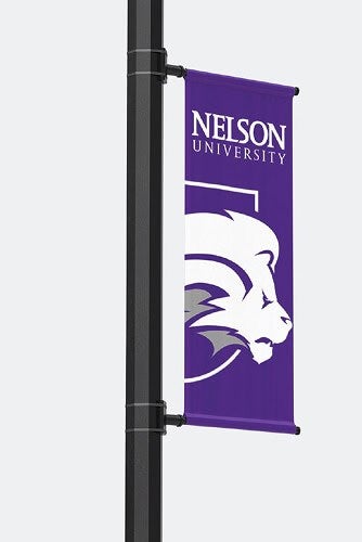 Purple banner on a pole with a white lion head and text "Nelson University.