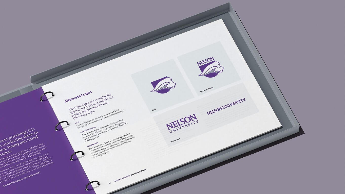 An open binder displays Nelson University logo designs and branding guidelines on a purple background.