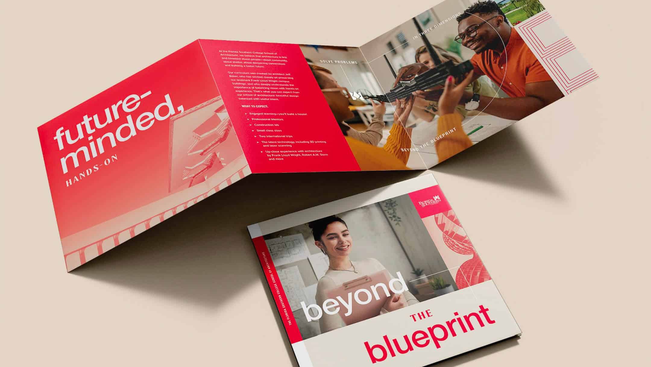 Two open brochures with modern designs, text “future-minded” and “beyond the blueprint” visible on covers.