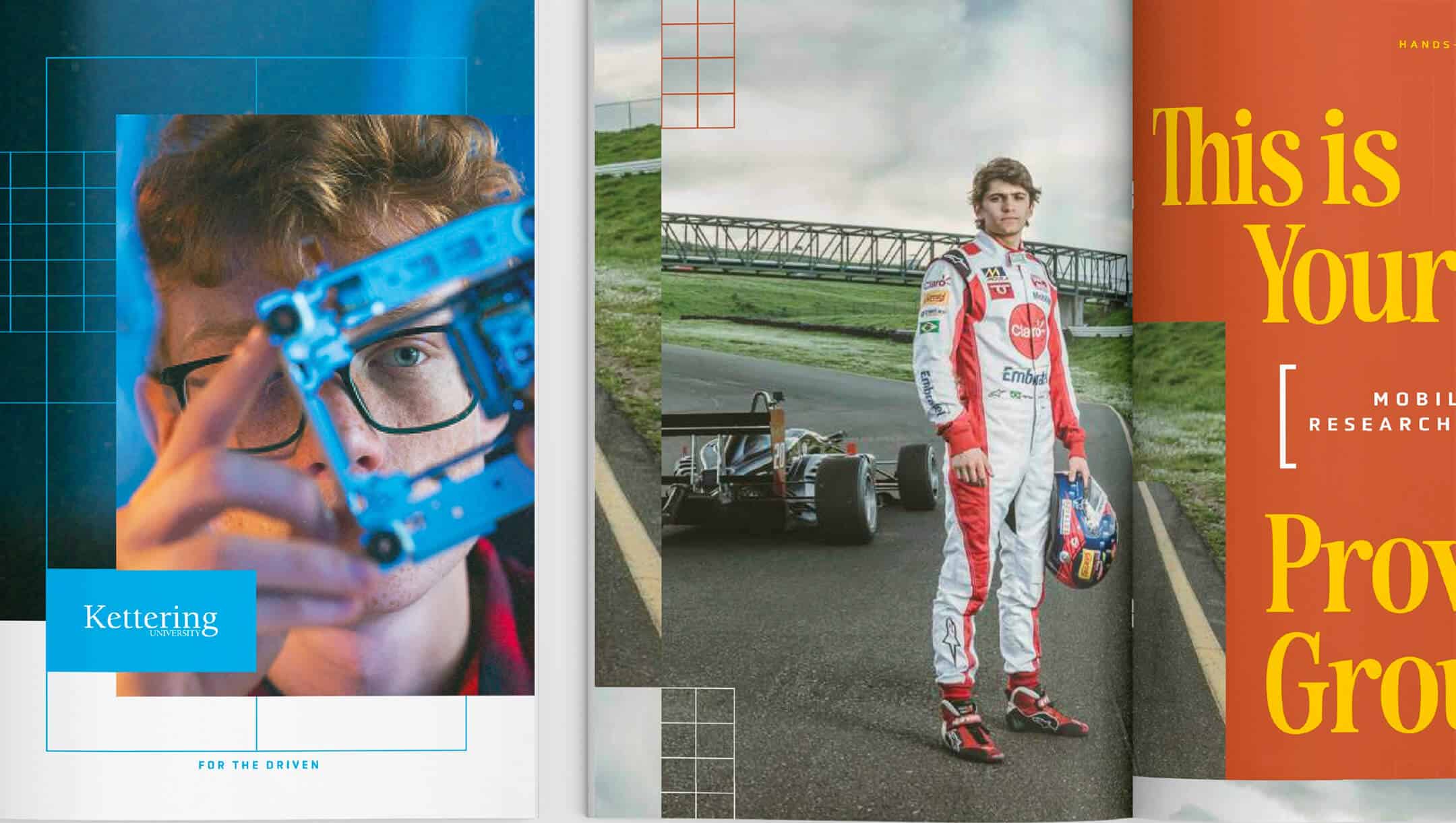 A young man holds tech equipment; another in a racing suit stands by a race car on a track.