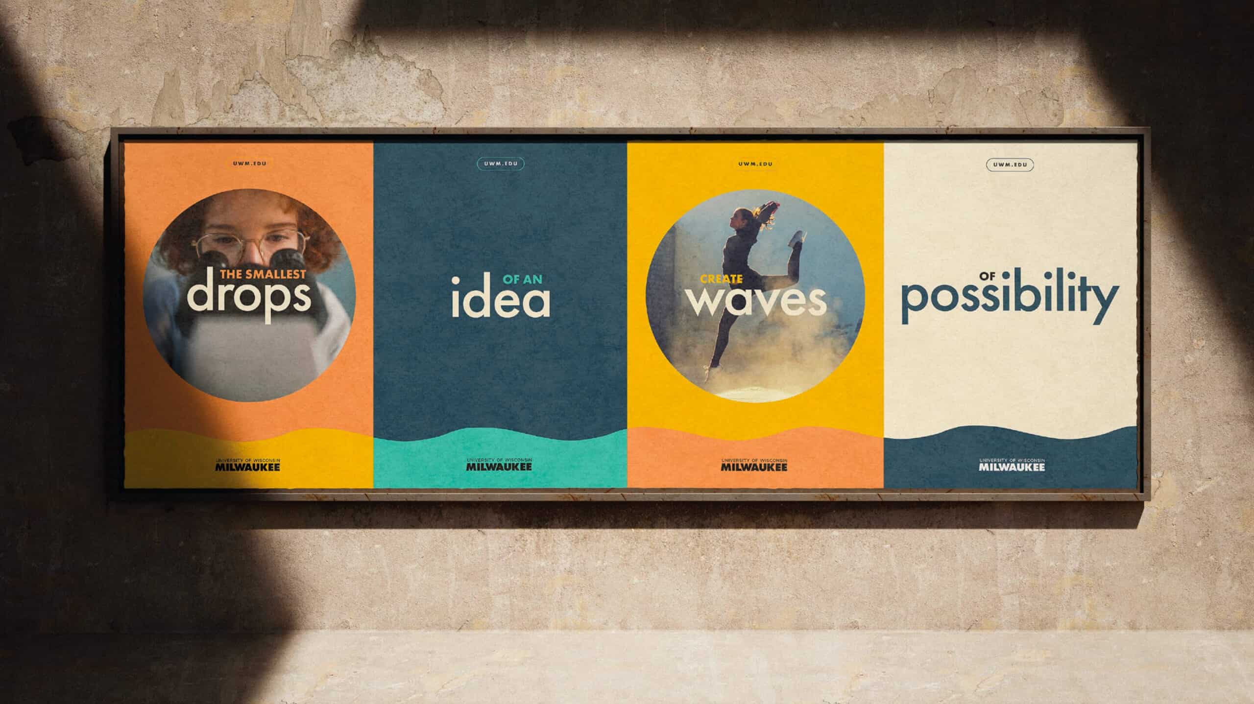 A wall poster reads: "The smallest drops of an idea create waves of possibility" with colorful designs.