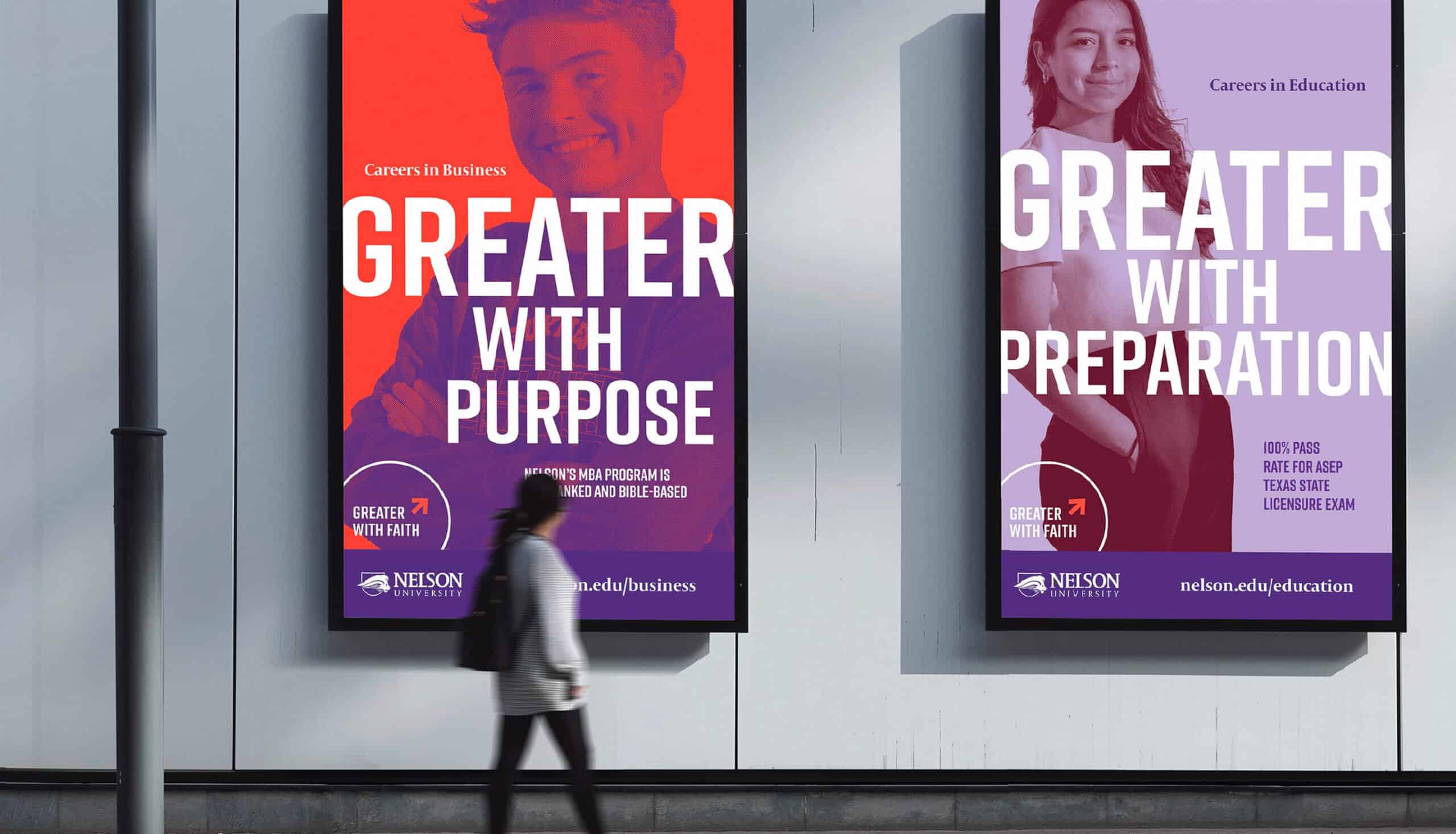 Two university posters read "Greater with Purpose" and "Greater with Preparation" as a person walks by.