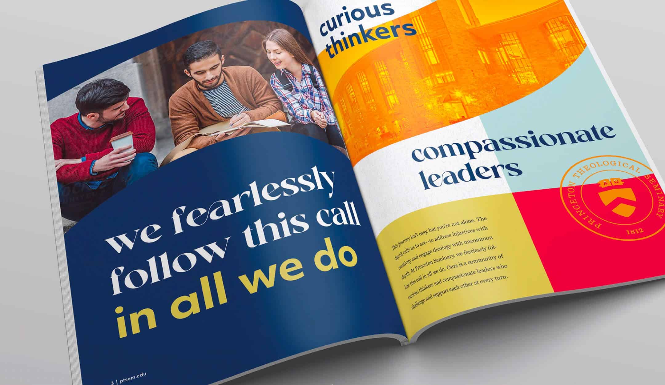 An open magazine shows students studying and bold text about curiosity and compassionate leadership.