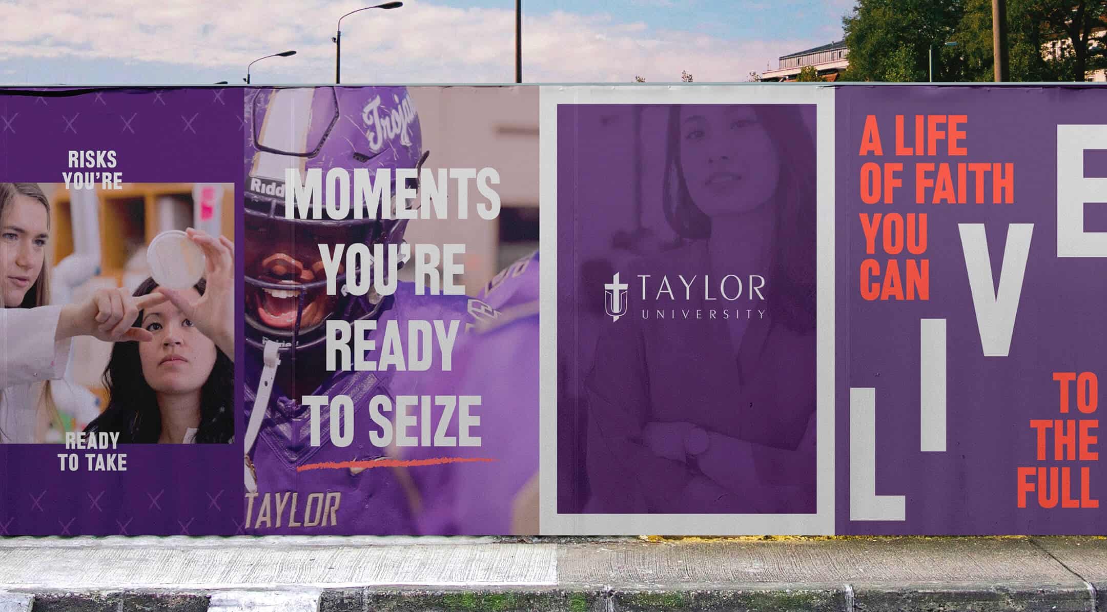 A Taylor University mural with motivational phrases and images of students in various activities.