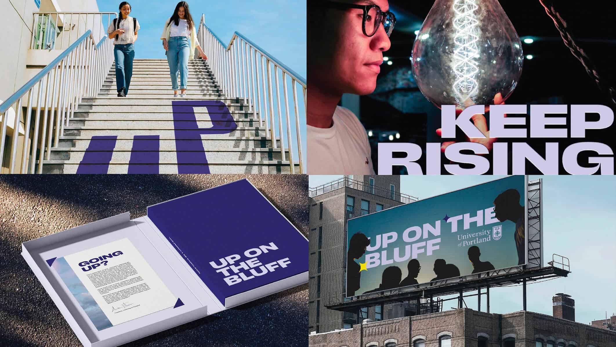 A collage with students on stairs, a man with a lightbulb, a UP box, and a university billboard.