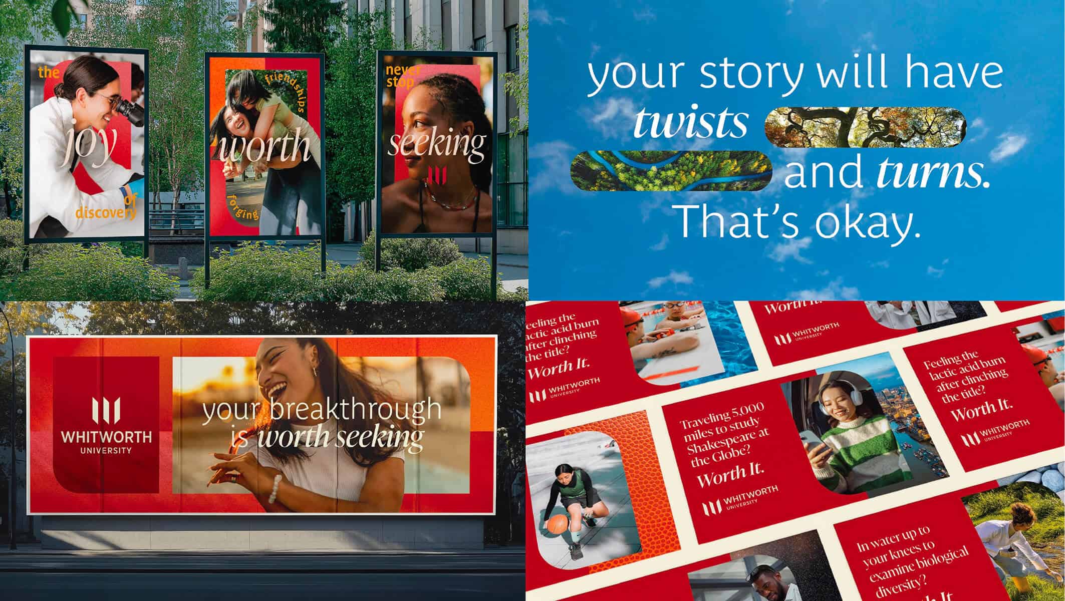 A collage of Whitworth University ads features diverse students, vibrant colors, and inspirational text.