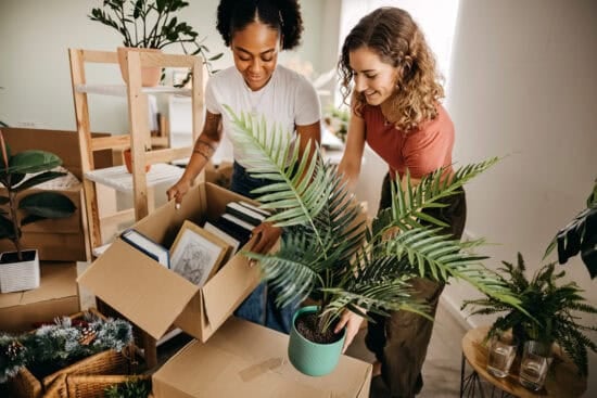 Two women unpack boxes and a potted plant in a bright room filled with moving boxes and houseplants.