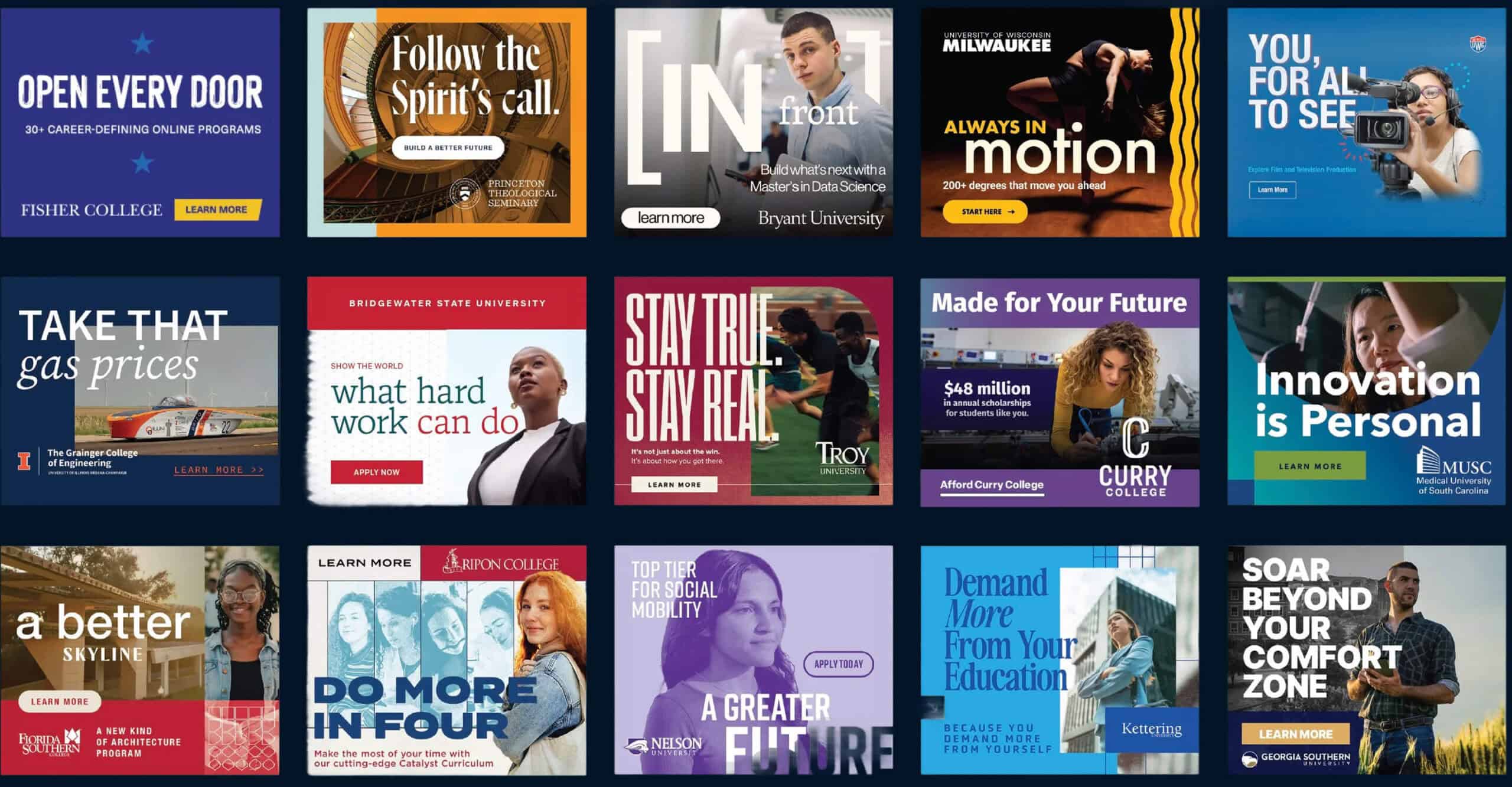 A collage of diverse college ads with students, slogans, and colorful backgrounds.
