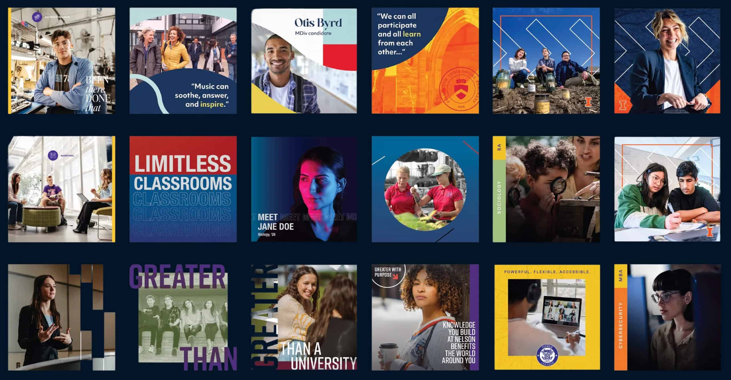 A collage of diverse students and educators in classrooms, labs, and campus settings, highlighting learning and teamwork.