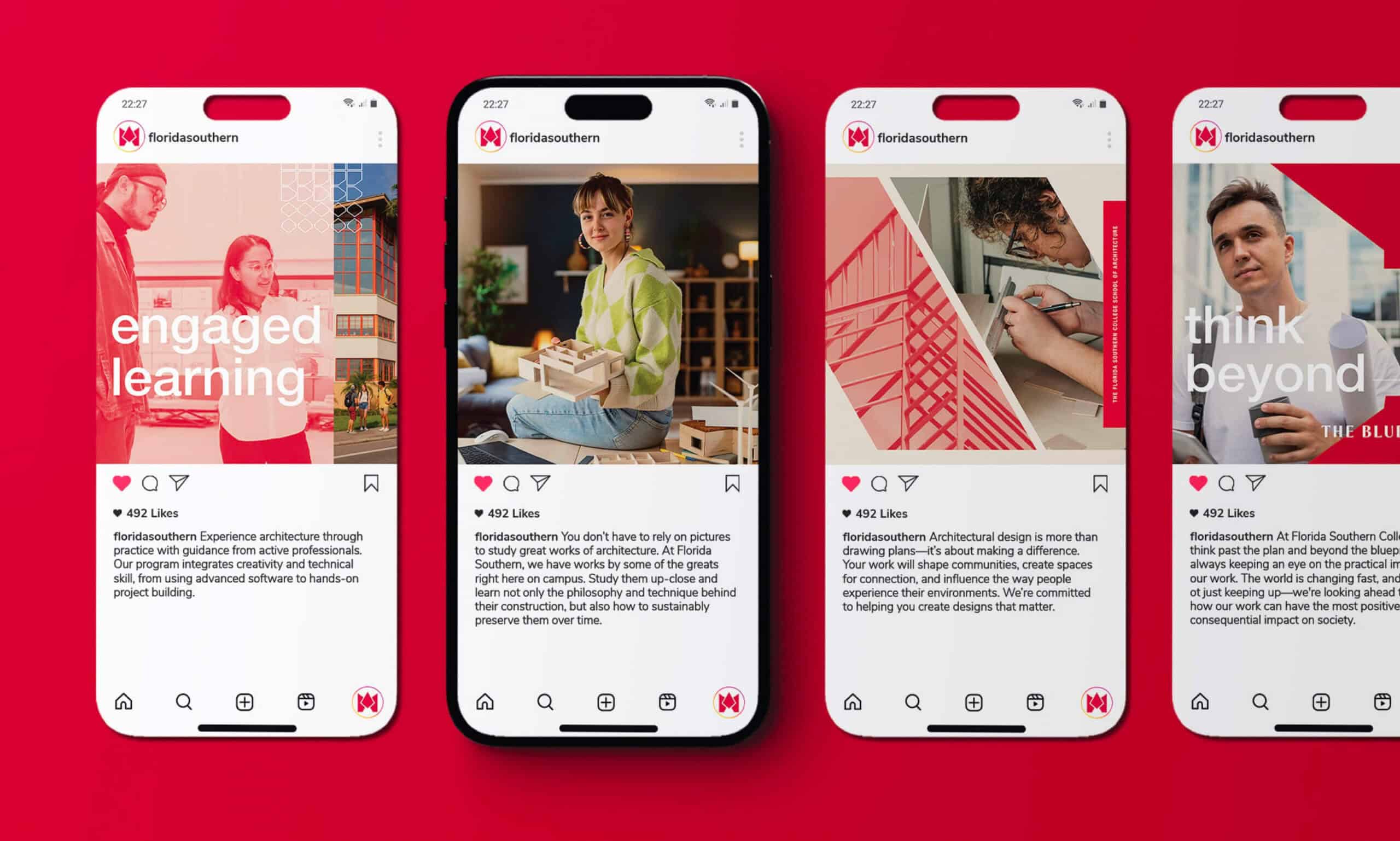 Four smartphones display social media posts