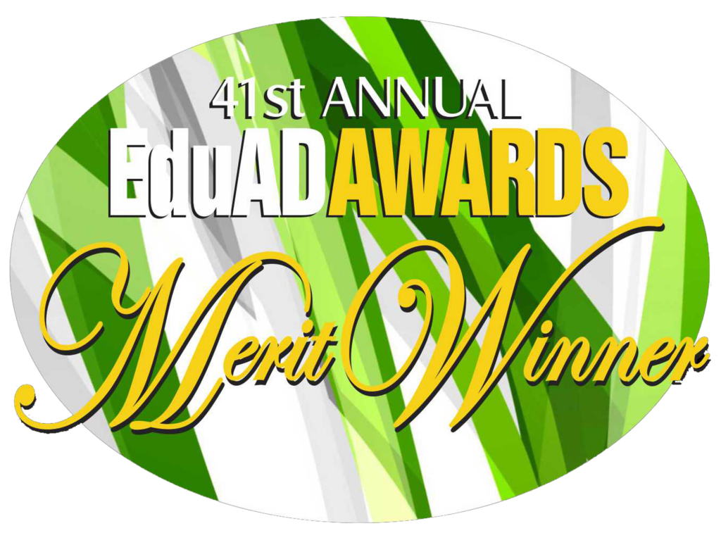 41st Annual EduAD Awards Merit Winner logo with green and yellow abstract background.