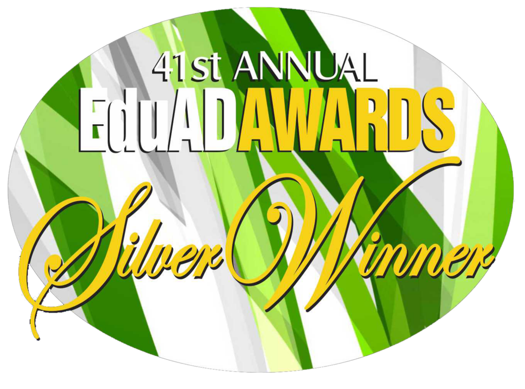 Oval badge with green stripes, reading "41st Annual EduAD Awards Silver Winner" in bold and script fonts.