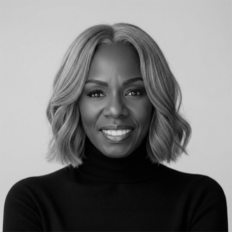 Smiling woman with shoulder-length hair, wearing a black turtleneck, in a black-and-white portrait.