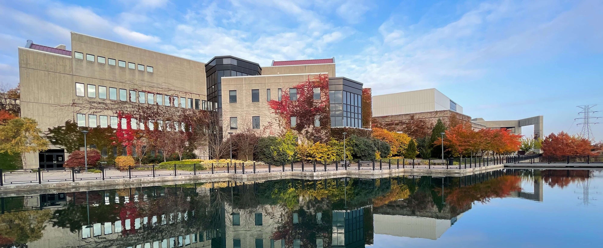 Modern building with large windows reflected in a calm pond, surrounded by autumn trees under a blue sky.